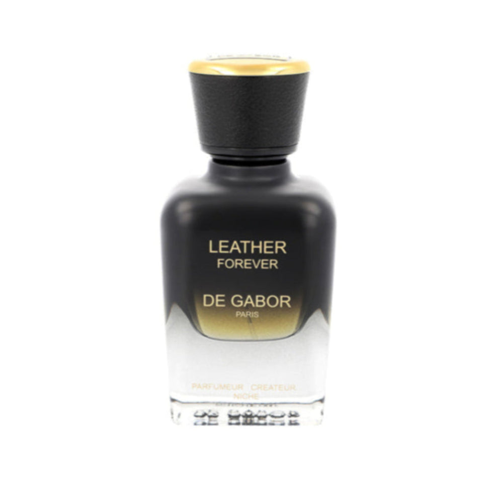 Black perfume bottle labeled 'Leather Forever' by De Gabor on a white background