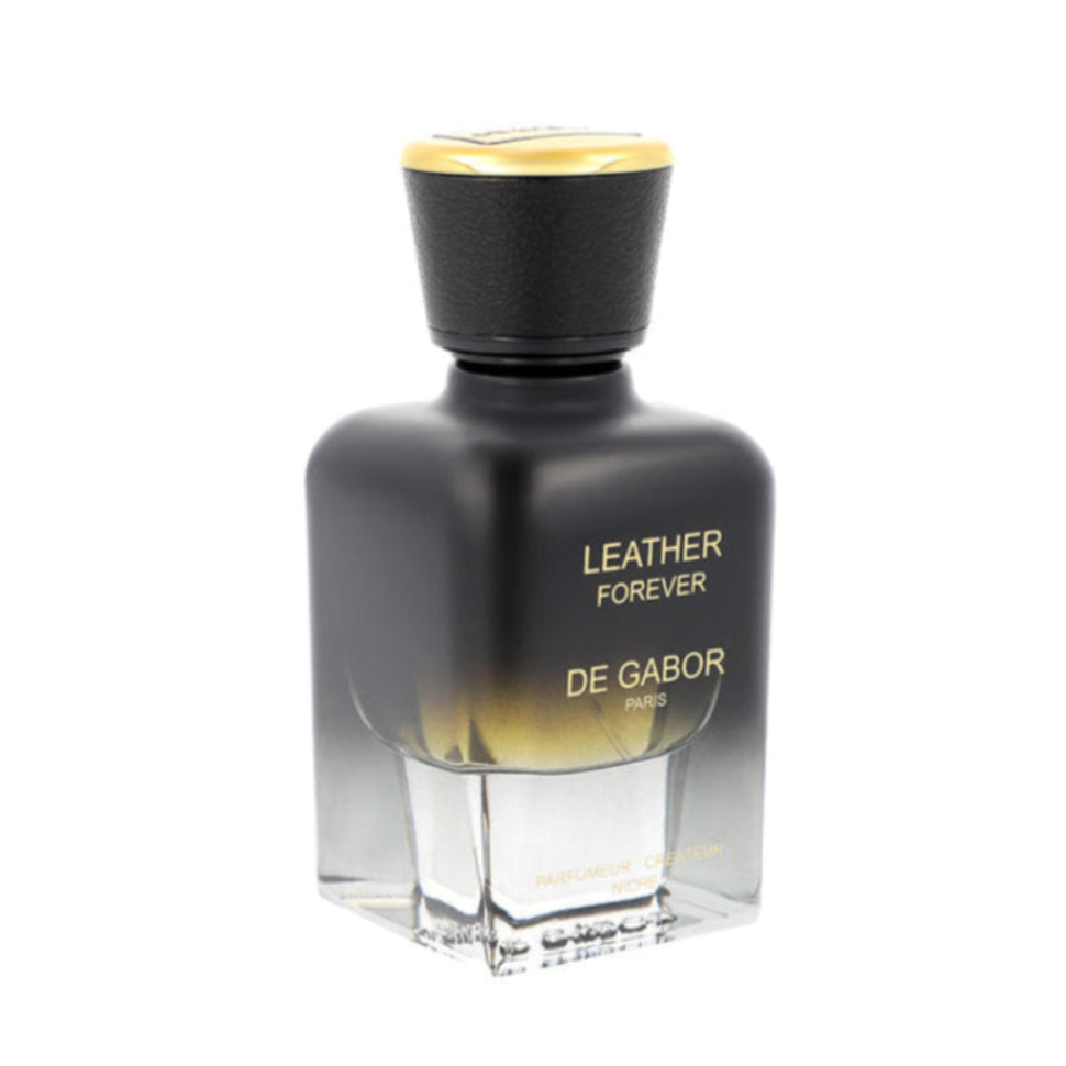 Perfume bottle labeled 'Leather Forever' by De Gabor on a white background