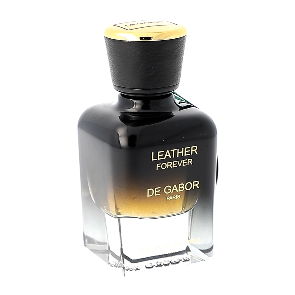 Perfume bottle labeled 'Leather Forever De Gabor' on a white background