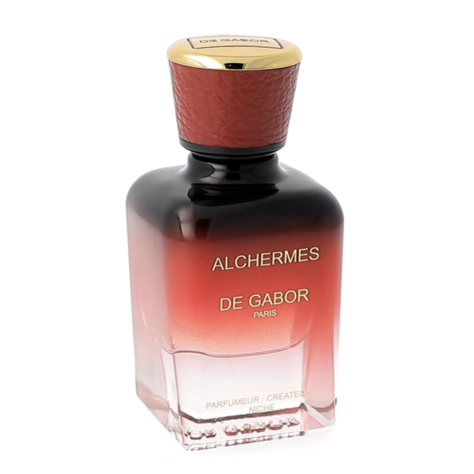 Perfume bottle with red cap and visible branding on a white background