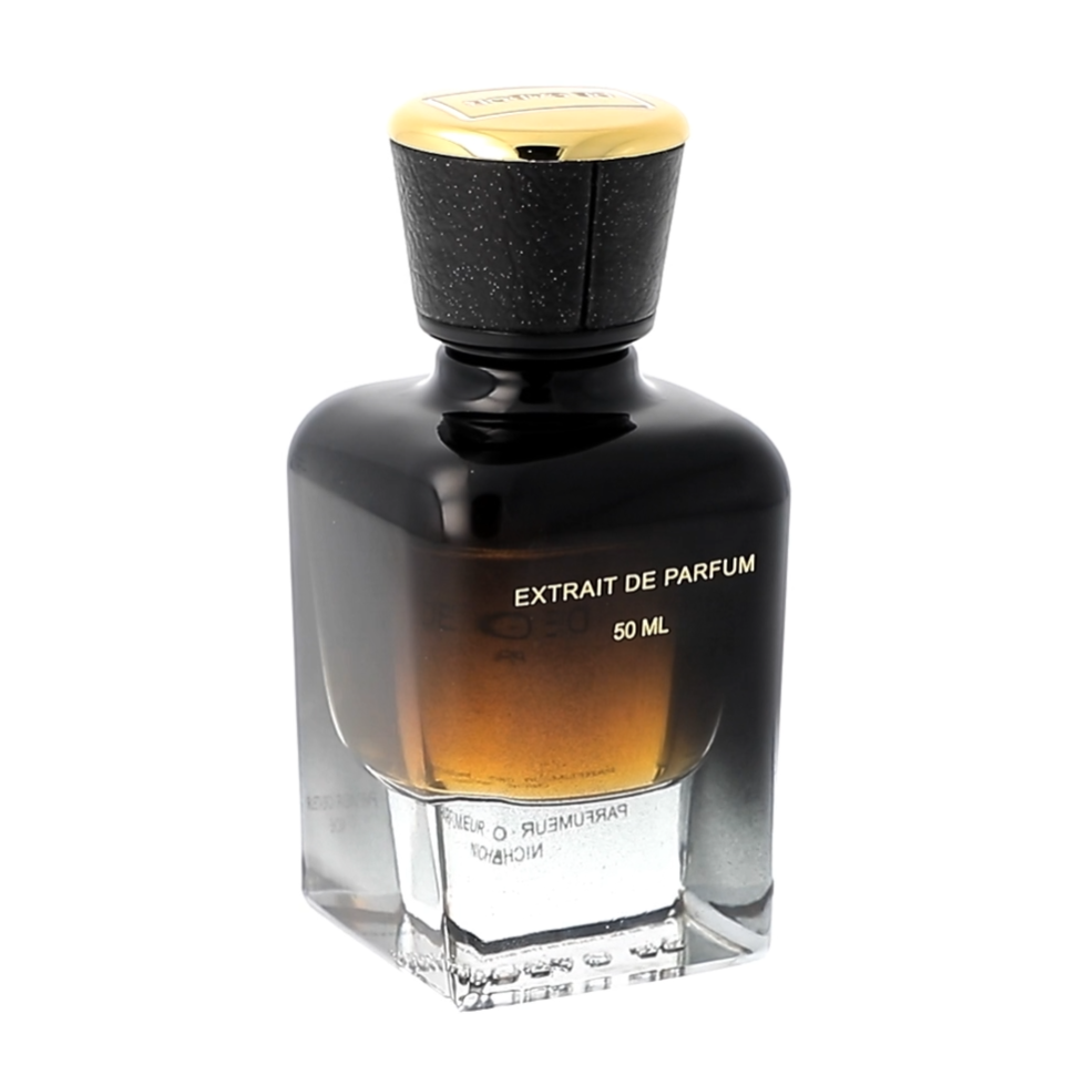 Perfume bottle with a black cap and clear base on a white background