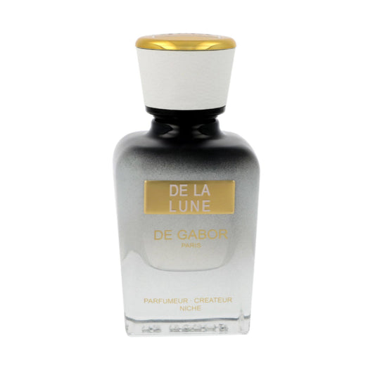 Perfume bottle labeled 'De La Lune' with a gold cap on a white background
