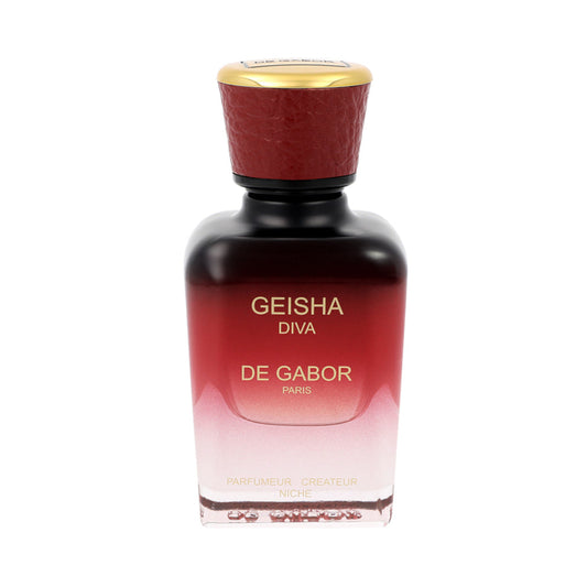 Perfume bottle labeled 'Geisha Diva' by De Gabor on a white background