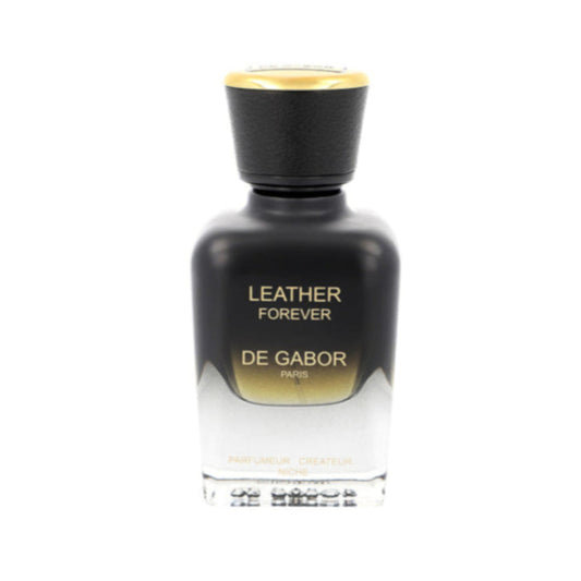 Black perfume bottle labeled 'Leather Forever' by De Gabor on a white background
