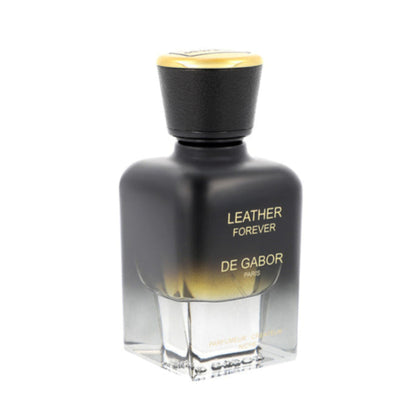 Perfume bottle labeled 'Leather Forever' by De Gabor on a white background