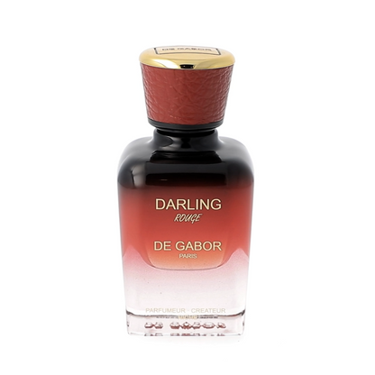 Perfume bottle with red cap and gradient label on a white background