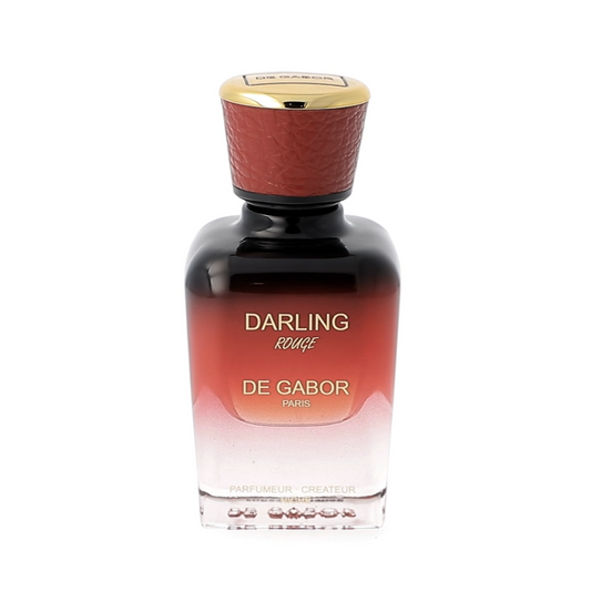 Perfume bottle with red cap and gradient label on a white background